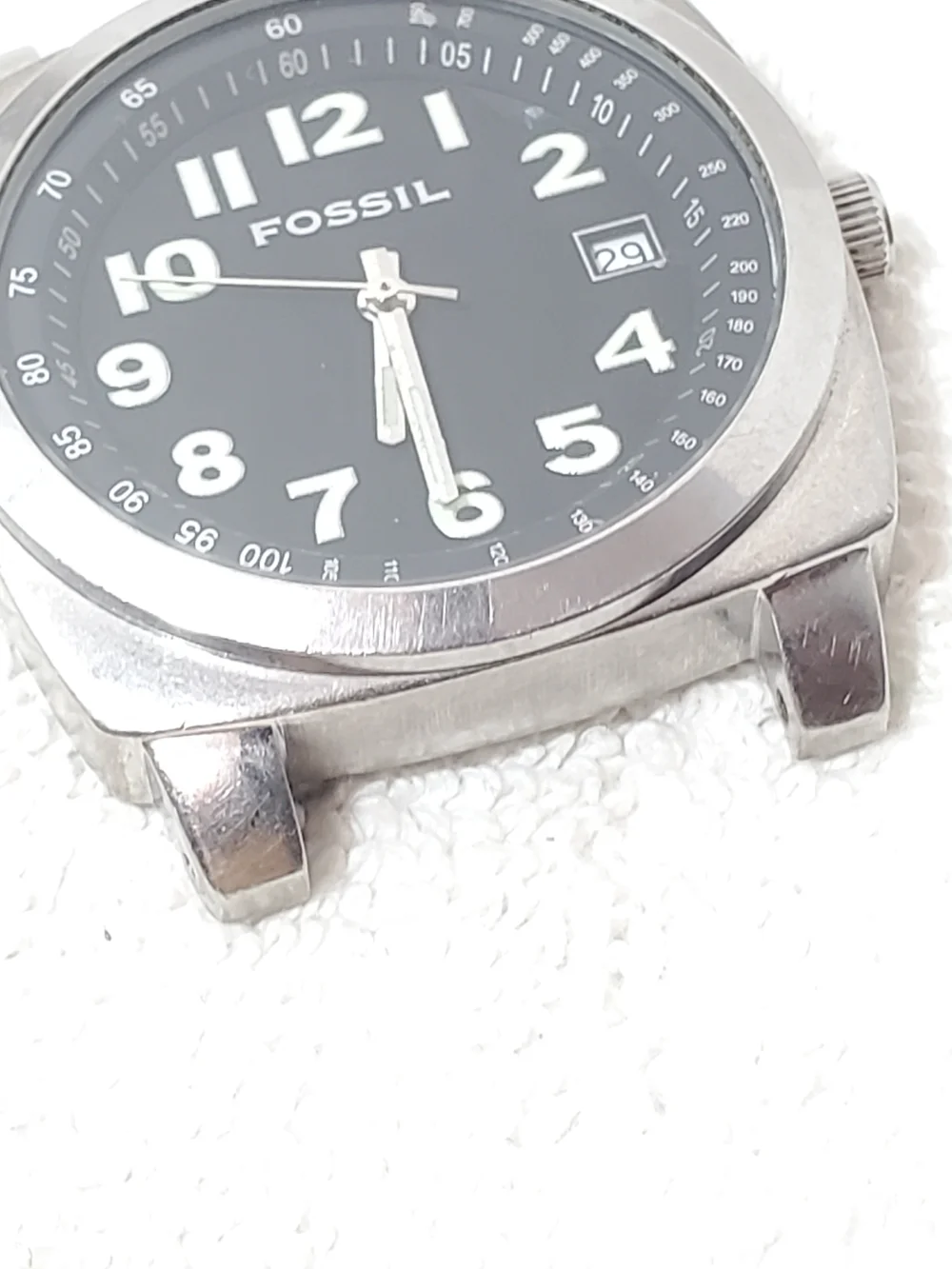 Vintage Fossil Men's Date Stainless Steel Quartz Watch Black Dial One Jewel